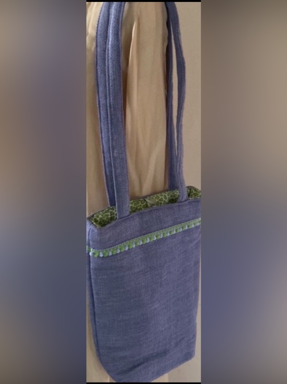 Kip Jenkins handmade lavender denim bucket purse bag with green trim